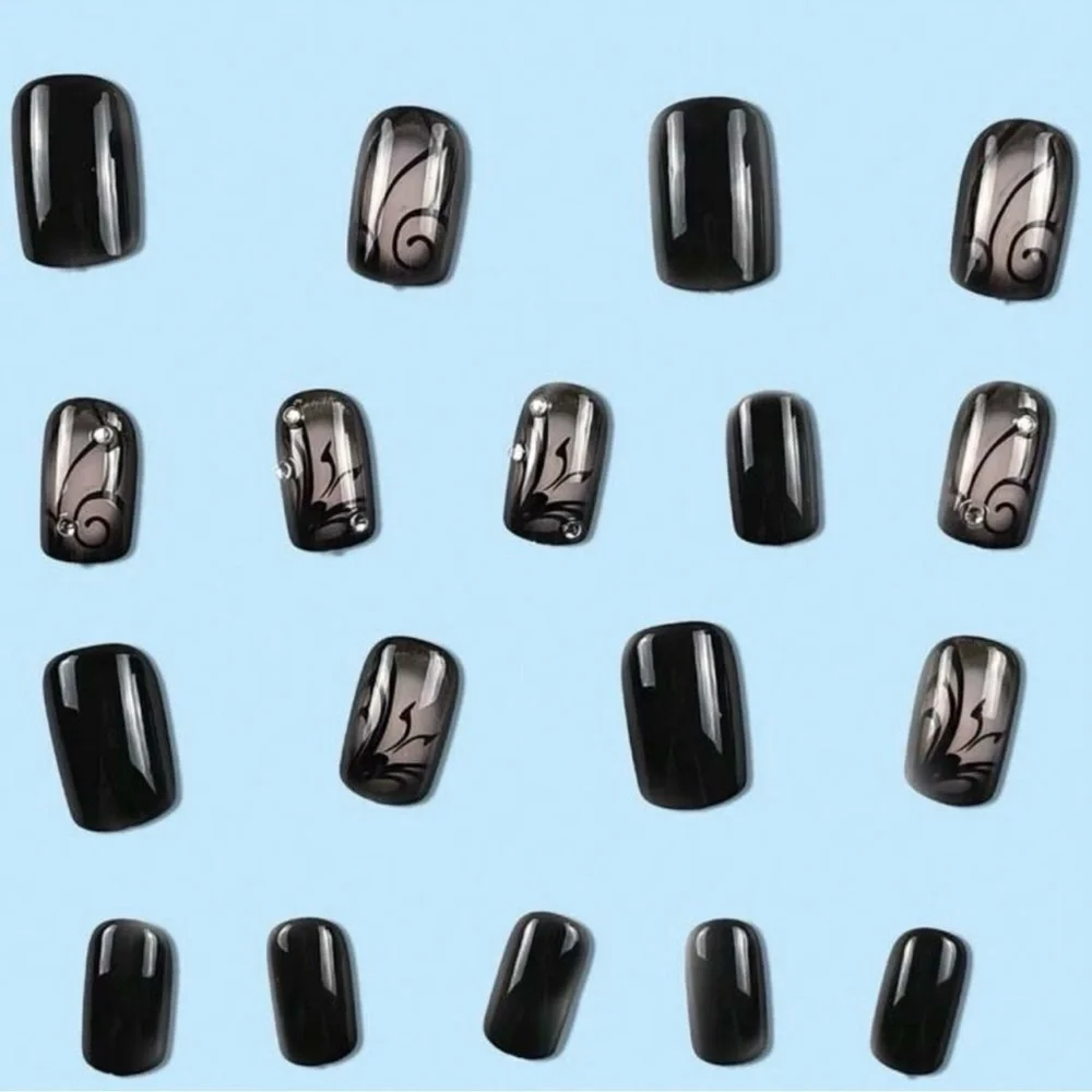 Black Gothic Butterfly Rhinestone 24 Piece Set Square Nails